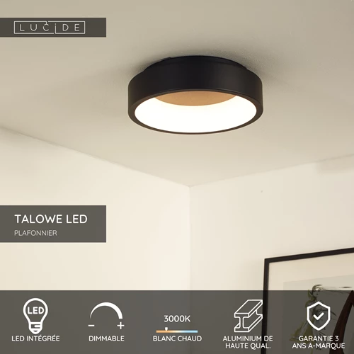 Lucide TALOWE LED - Plafonnier - Ø 30 cm - LED Dim. - 1x20W 3000K - Noir - USP